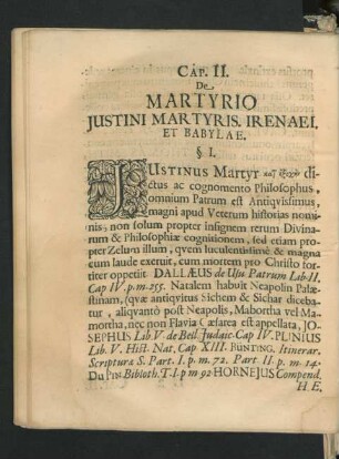 Cap. II. De Martyrio Iustini Martyris. Irenaei. Et Babylae.