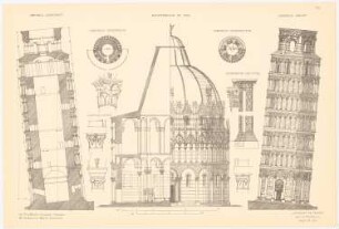 Campanile und Baptisterium, Pisa: Ansicht, Querschnitt, Details Campanile, Querschnitt, Details Baptisterium (aus: Altchristl. u. roman. Baukunst, hrsg. v. Zeichenaussch. d. Stud. d. TH Berlin, 1875)