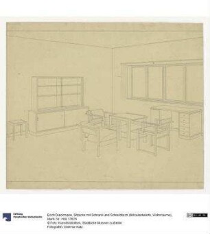 Sitzecke mit Schrank und Schreibtisch (Möbelentwürfe, Wohnräume)