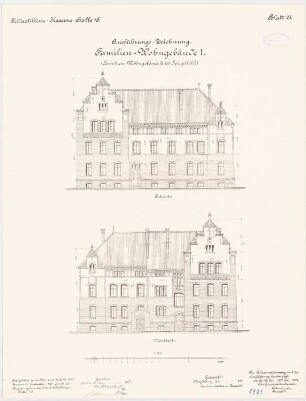 Feldartilleriekaserne, Halle/Saale: Familienwohnhaus I: Aufriss Ostansicht, Westansicht 1:100
