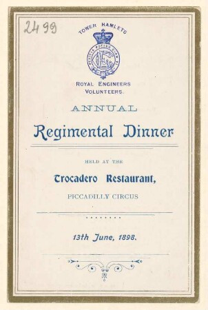 Menükarte : Annual Regimental Dinner, Trocadero Restaurant, Picadilly Circus