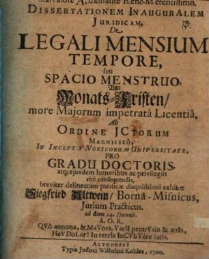 Diss. inaug. iur. de legali mensium tempore seu spacio menstruo : Von Monats-Fristen