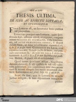 Thesis Ultima. De Fine Ac Effectu Lottariæ, Et Sponsionum.