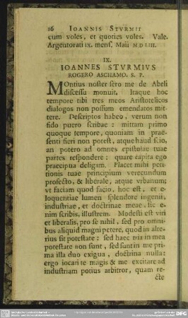 IX. Ioannes Sturmius Rogero Aschamo. S. P.