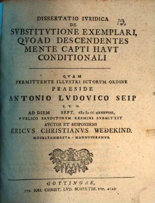 Diss. iur. de substitutione exemplari, quoad descendetes mente capti haut conditionali