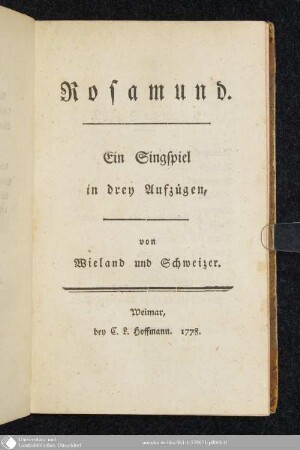Rosamund : ein Singspiel in drey Aufzügen