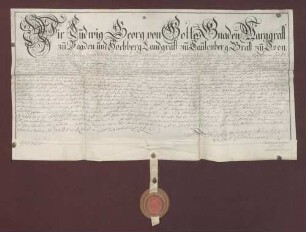 Markgraf Ludwig Georg von Baden-Baden verleiht an Jakob Westermann zu Bischweier als Träger ein beschriebenes Lehengut zu Bischweier