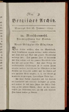 Nro. 3. Bergisches Archiv. Montags den 16. Januar 1809. - Nro. 4 . Bergisches Archiv. Montags den 23. Januar 1809.