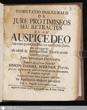 Dissertatio Inauguralis De Jure Protimiseos Seu Retractus
