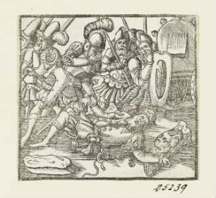 Sauls Tod, aus: Ambrosius Lobwasser, "Biblia / Darinnen die Summarien aller Capittel der gantzen heiligen Schrifft", Leipzig 1584, S. 613