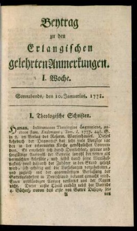 I. Woche (10. Januarius 1778)-LII. Woche (31. December 1778): Beytrag zu den Erlangischen gelehrten Anmerkungen