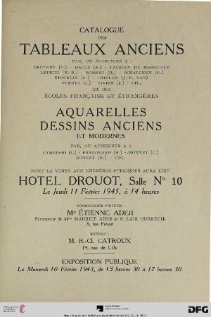 Catalogue des tableaux anciens : par, ou attribués a: Delyens (F.) ... et des écoles française et étrangères ; aquarelles, dessins anciens et modernes par, ou attribués a: Cambiaso (L.) ... ; Hôtel Drouot 11 février 1943