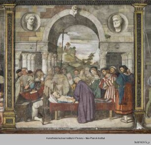Heiliger Antonius zeigt, dass das Herz des Geizhalses in der Schatztruhe ist - Lebensszenen des hl. Antonius