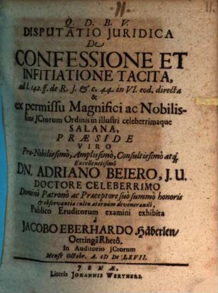 Disp. iur. de confessione et infitiatione tacita