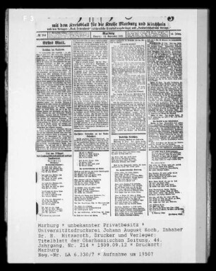 Titelblatt der Oberhessischen Zeitung, 44. Jahrgang, Nr. 214