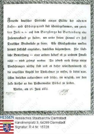 Battenberg, 1832 Juni 19 / Einladung der 'Freunde deutscher Eintracht' der oberen Lahn- und Edergegend zu einem Fest auf dem Burgberge bei Battenberg, Wetter