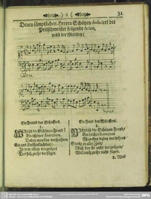 Denen sämptlichen Herren Schützen dediciret der Pritschmeister folgende Arien, nebst der Melodey