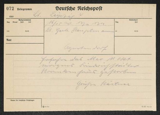 Brief von Erhart Kästner an Gerhart Hauptmann