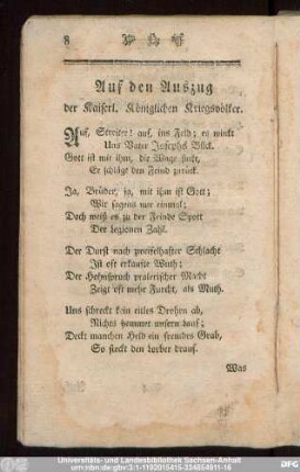 Auf den Auszug der Kaiserl. Königlichen Kriegsvölker.