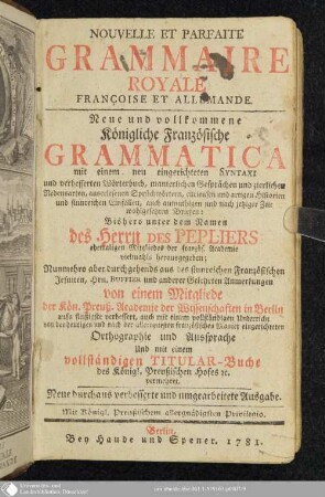 Nouvelle Et Parfaite Grammaire Royale Françoise Et Allemande