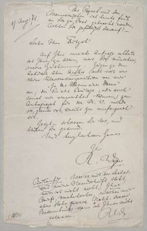 Richard Wagner (1813-1883) Autographen: Brief von Richard Wagner an Ernst Wilhelm Fritzsch - BSB Autogr.Cim. Wagner, Richard.42