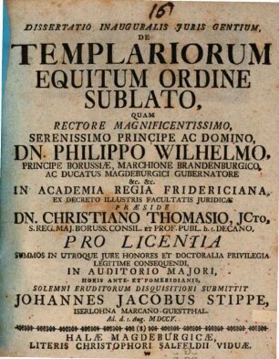 Dissertatio Inauguralis Juris Gentium, De Templariorum Equitum Ordine Sublato