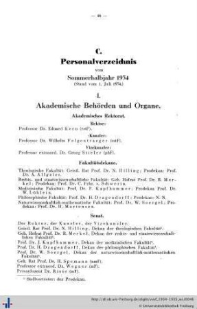 C. Personalverzeichnis vom Sommerhalbjahr 1934.
