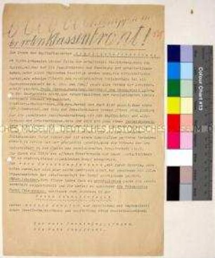Maschinengeschriebener Solidaritäts- und Beitrittsaufruf der roten Frontkämpferbund und der roten Jungfront zum Sturz der kapitalistischen Gesellschaftsordnung