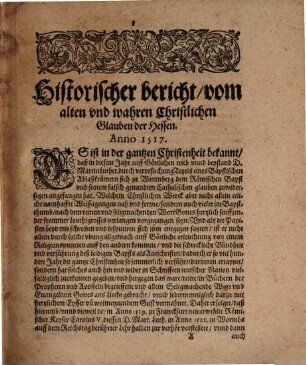 Antiqua Hessorum fides Christiana et vera : Das ist: Historischer bericht vom alten und wahren Christlichen Glauben oder Religion der Hessen