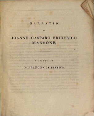 Narratio de Joanne Casparo Friderico Mansone : Accessit imago Mansonis lapidi inscripta