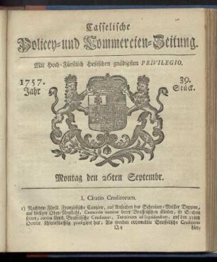 39. Stueck, Montag den 26ten Septembr. 1757