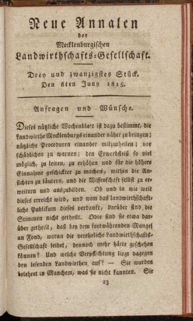 Drey und zwanzigstes Stück. Den 8ten Juny 1815.