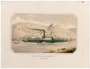 Festschiff anlässlich der Schillerfeier und Gründung der Schillerstiftung am 10. Mai 1855, auf der Elbe in Dresden-Loschwitz