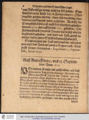 Auß Antorff den 5. und 15. Septembris/Anno 1631.