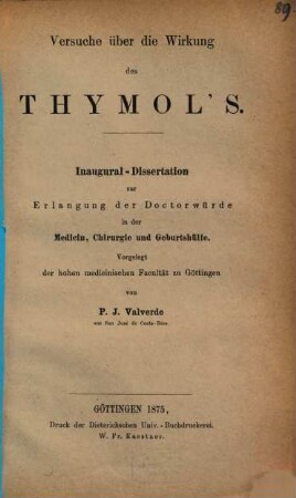 Versuche über die Wirkung des Thymol's : Inaug.-Diss.