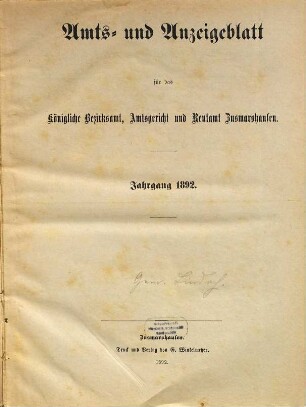 Amts- und Anzeigeblatt für das Königliche Bezirksamt Zusmarshausen. 1892