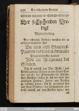 Der sechzehenden Predigt Wiederholung.