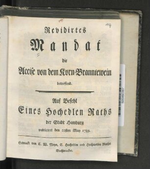 Revidirtes Mandat die Accise von dem Korn-Branntewein betreffend