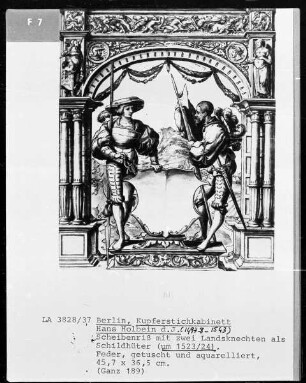 Zwei Landsknechte, einen Schild haltend, in Renaissancerahmen