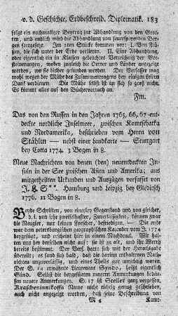 Neue Nachrichten von denen neuentdeckten Insuln in der See zwischen Asien und Amerika.