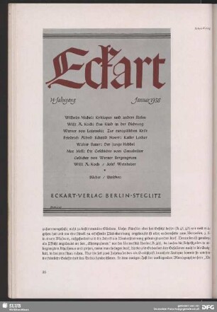 Eckart- Verlag 14. Jahrgang Januar 1938. Berlin-Steglitz