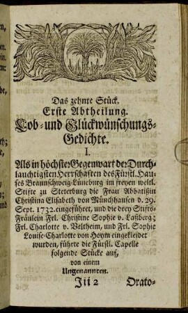 Erste Abtheilung. Lob- und Glückwünschungs-Gedichte.