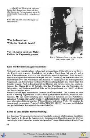 Was bedeutet uns Wilhelm Oesterle heute? Vor 110 Jahren wurde der Maler-Radierer in Wagenstadt geboren