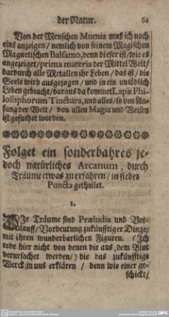 Folget ein sonderbahres jedoch natürliches Arcanum, durch Träume zu erfahren/in sieben Puncta getheilet.
