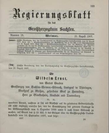 70. Höchste Verordnung, betreffend den Darlehnszinsfuß der Großherzoglichen Landeskreditkasse, vom 21. August 1907