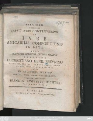 Specimen Continens Capvt Ivris Controversvm De Ivre Amicabilis Compositionis In Lite