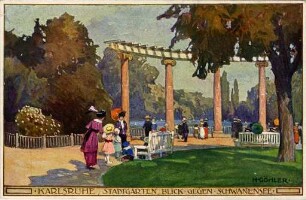 Erster Weltkrieg - Feldpostkarten. "Karlsruhe, Stadtgarten, Blick gegen Schwanensee"