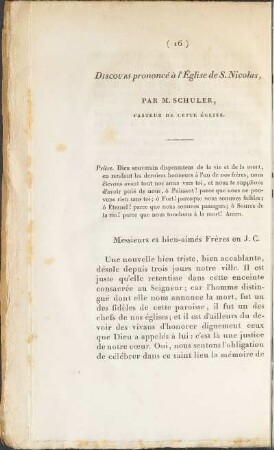 Discours prononcé à l'Église de S. Nicolas, par M. Schuler, Pasteur de cette Église.