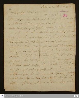 Brief von Gotthilf August Francke an Anna Magdalena Francke.