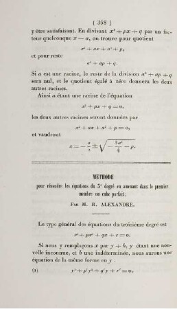 Methode pour résoudre les équatioiis du 3e degré eu amenant dans le premier membre un cube parfait.
